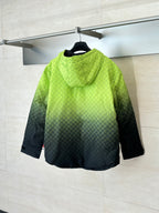 Lime green hooded puffer jacket back view with dark lower panels