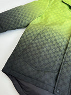 Lime green GG-pattern hooded puffer jacket panel with button snap detail