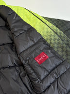 Gucci puffer jacket with red Gucci patch logo and contrast green trim