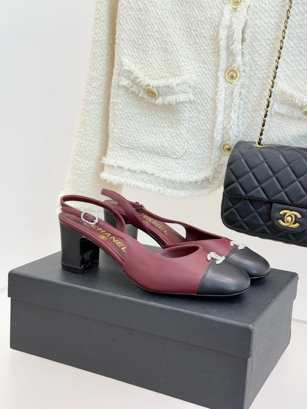 Chanel ladies two-tone slingback pumps, burgundy with black toe and block heel