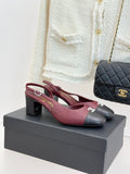 Chanel ladies two-tone slingback pumps, burgundy with black toe and block heel