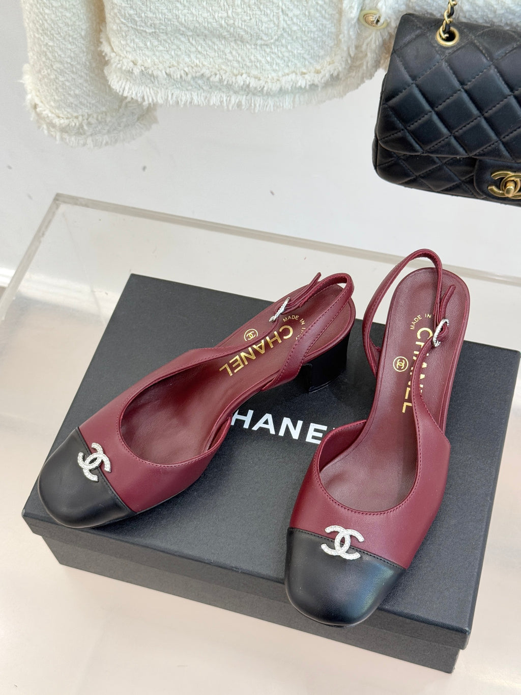 Chanel ladies two-tone slingback pumps on box, burgundy leather with black toe