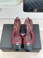 Chanel ladies two-tone slingback pumps with CC logo strap, burgundy and black