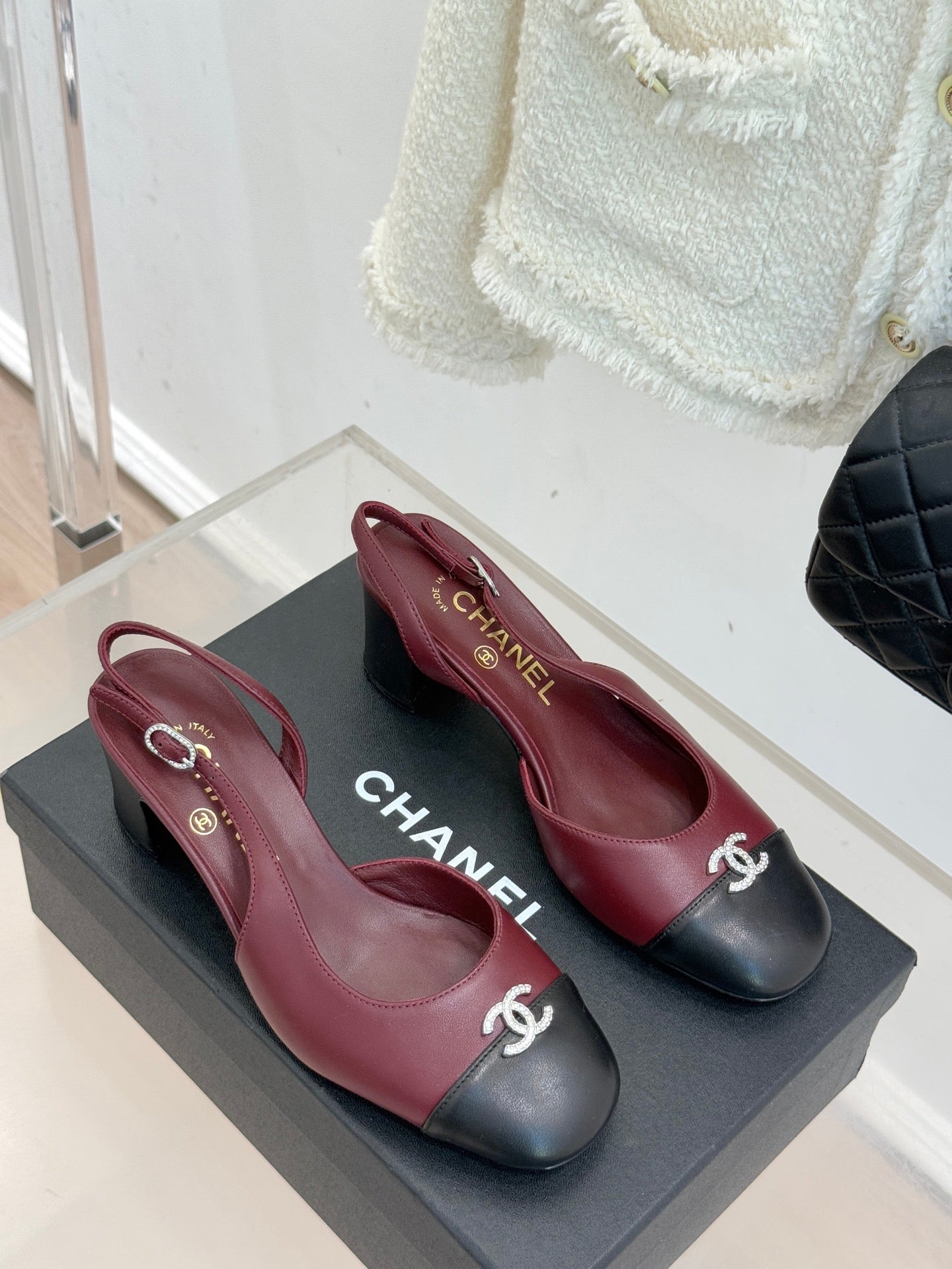 Chanel ladies two-tone slingback pumps, burgundy uppers with black toe and heel