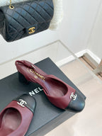Chanel ladies two-tone slingback pumps, burgundy leather with black toe and heel