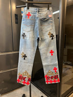 Light-wash denim pants with red and black cross patches, rear view and back pockets