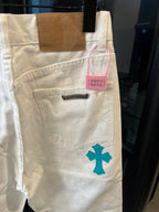 Chrome pants in white with teal cross print, side pocket and pink hang tag