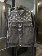 Monogram denim jacket with button front and chest pockets, dark gray with cream Louis Vuitton motifs