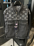 Monogram denim jacket with button front and chest pockets, dark gray; hanging price tags included