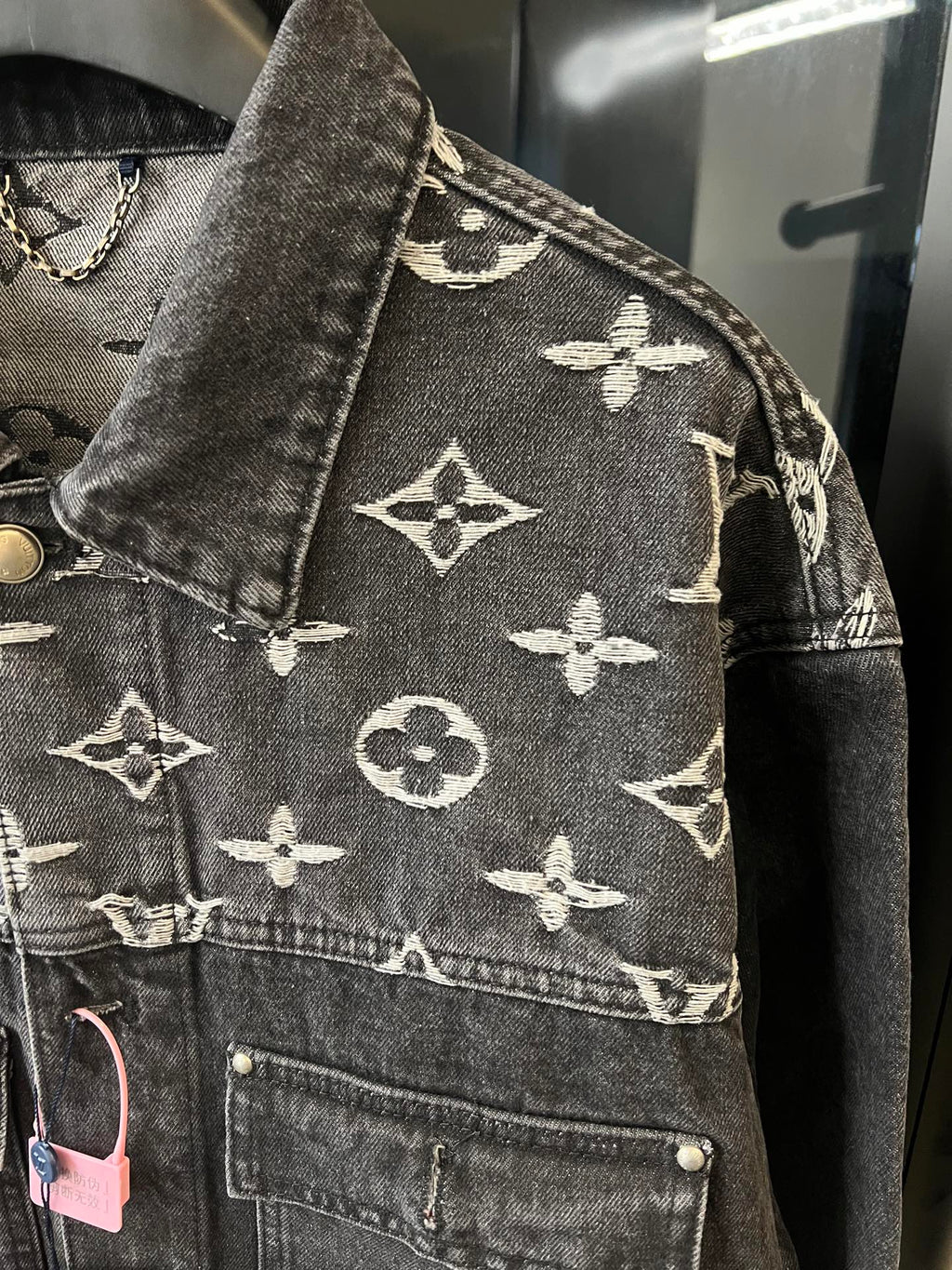 Monogram denim jacket sleeve and shoulder seam, dark gray with cream Louis Vuitton icons