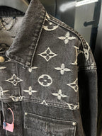 Monogram denim jacket sleeve and shoulder seam, dark gray with cream Louis Vuitton icons