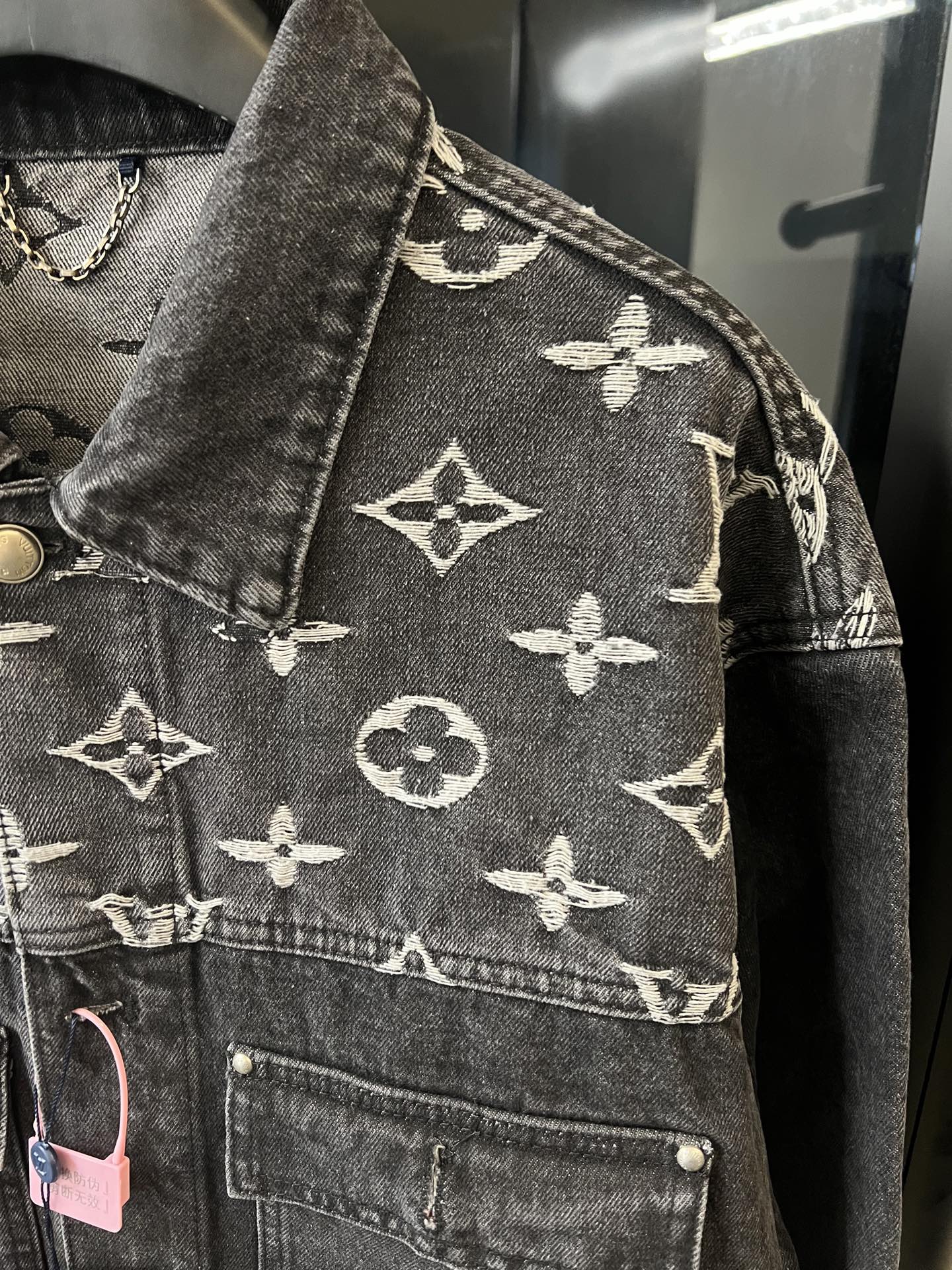 Monogram denim jacket sleeve and shoulder seam, dark gray with cream Louis Vuitton icons