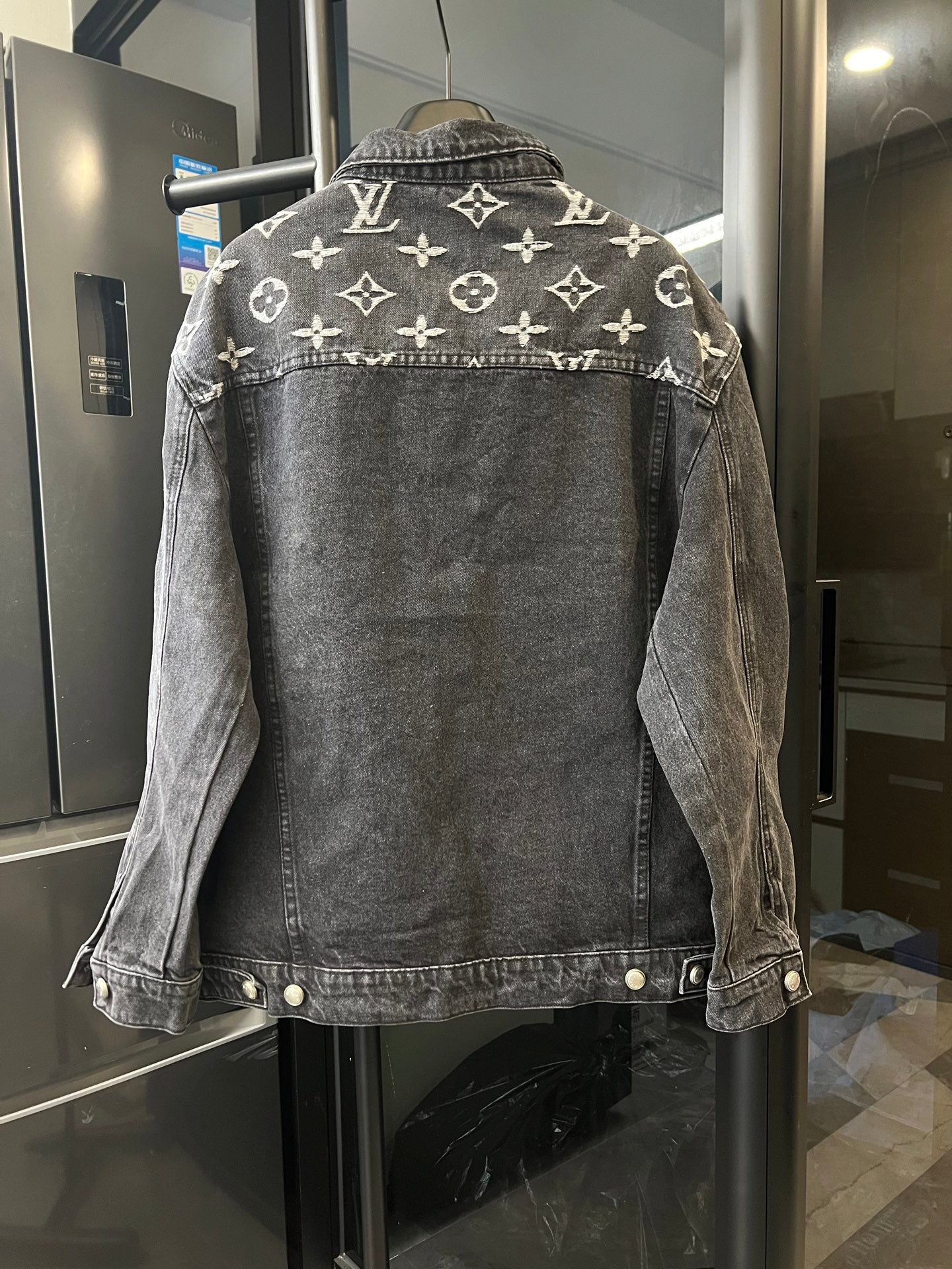 Monogram denim jacket with button back and snap vents, dark gray with cream Louis Vuitton icons