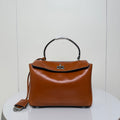 Balenciaga tan leather top-handle handbag with flap and silver-tone front clasp