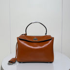 Balenciaga tan leather top-handle handbag with flap and silver-tone front clasp