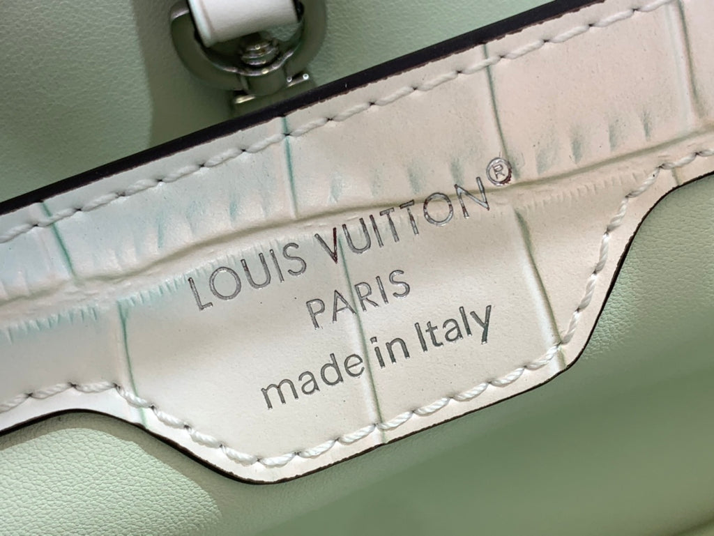 Leather authenticity tag inside reads "LOUIS VUITTON PARIS" made in Italy