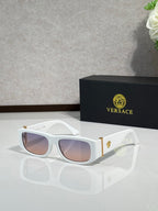 Versace sunglasses with white frames, gold temple accents, and light pink tinted lenses
