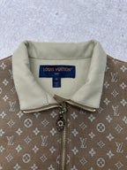 Zip-front monogram jacket with light-beige collar and metal zipper pull