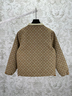 Brown monogram zip jacket with stand collar, long sleeves, full back view