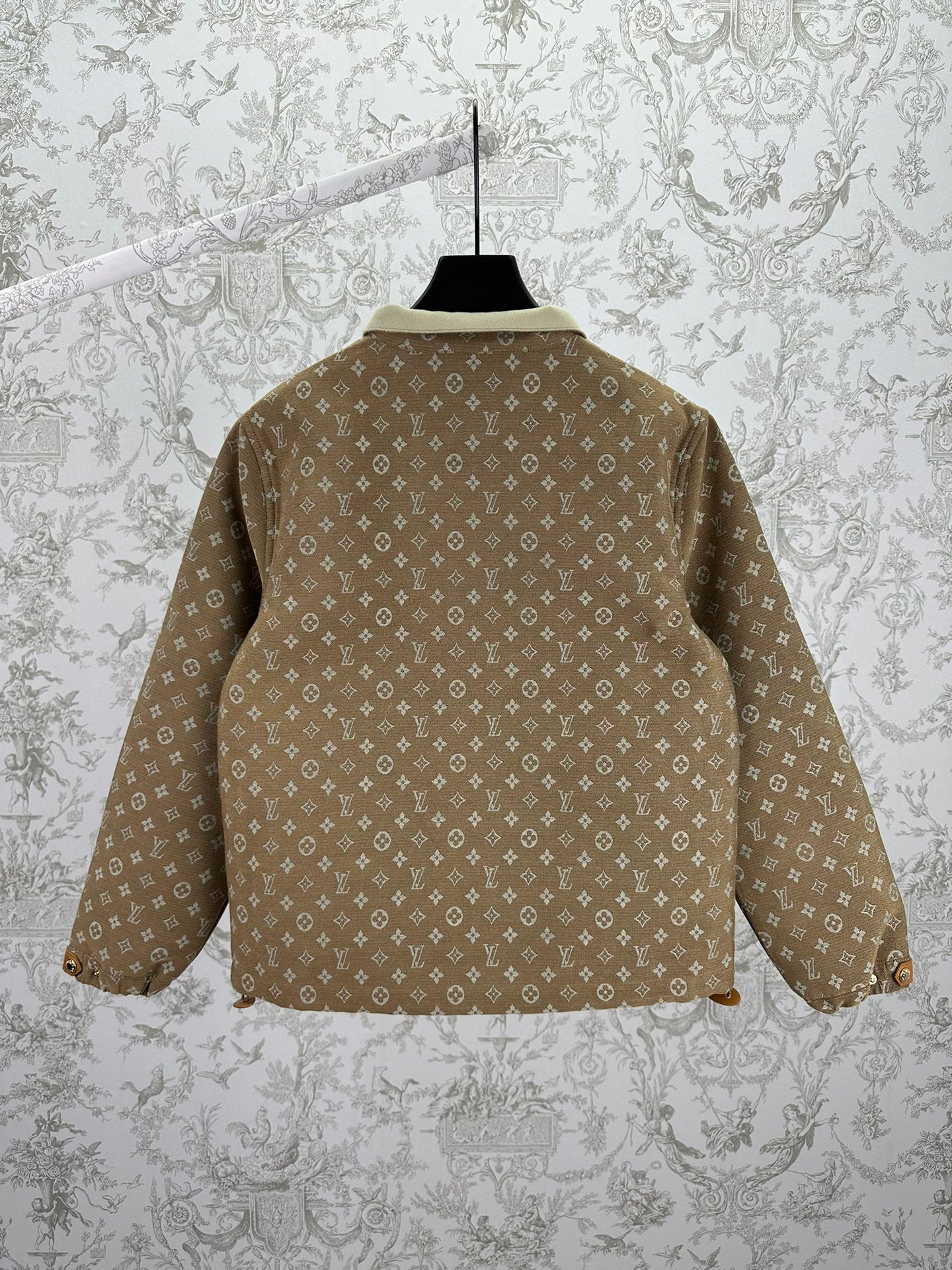 Brown monogram zip jacket with stand collar, long sleeves, full back view
