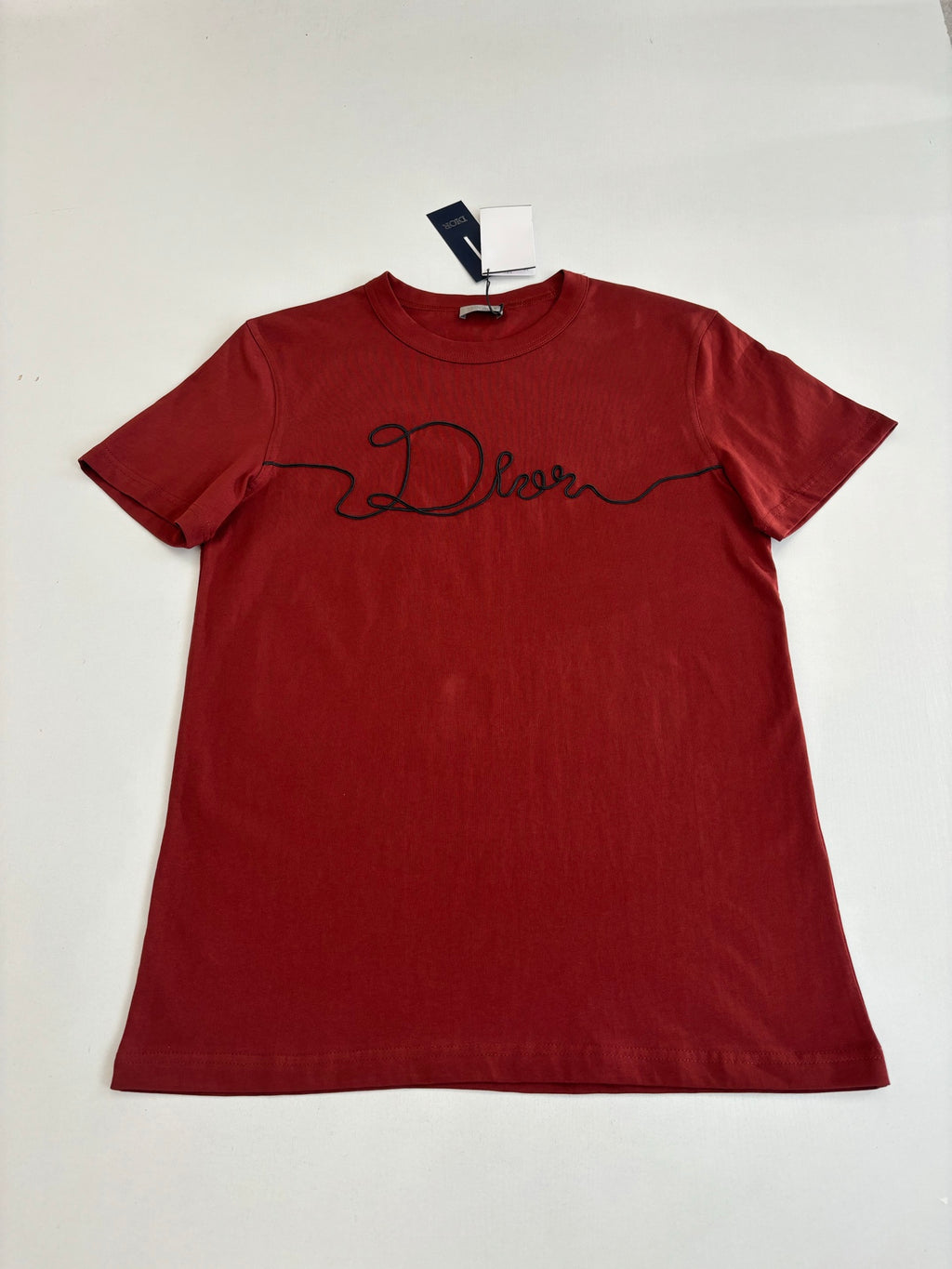 Dior red short-sleeve T-shirt with black cursive Dior logo