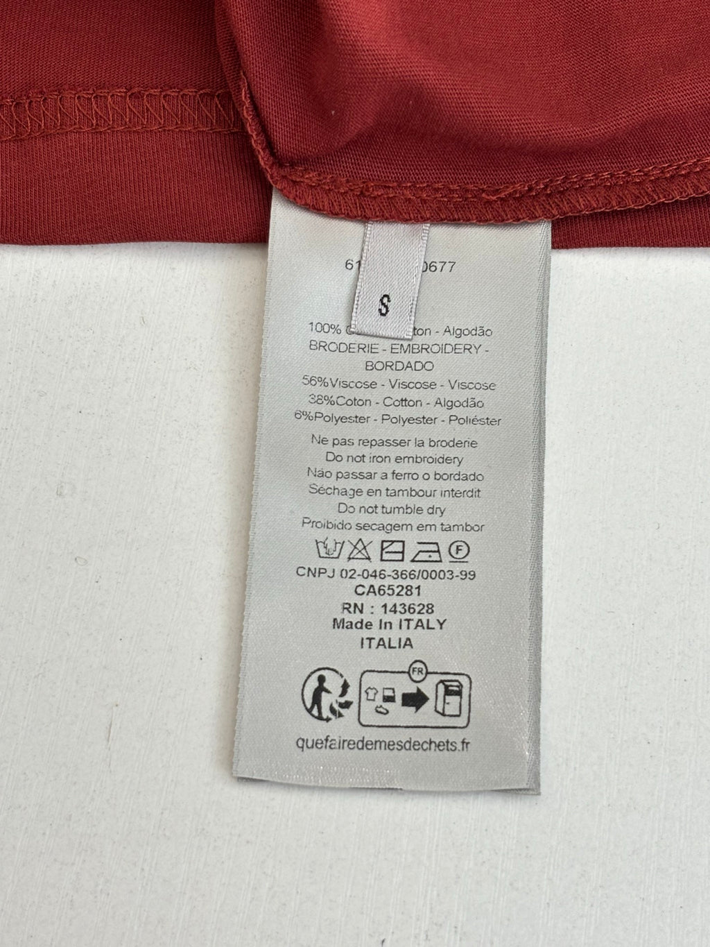 Dior T-shirt size and fabric care label on inner collar