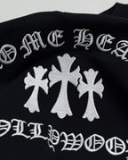 Black sweatshirt with large white flower graphic and curved text print