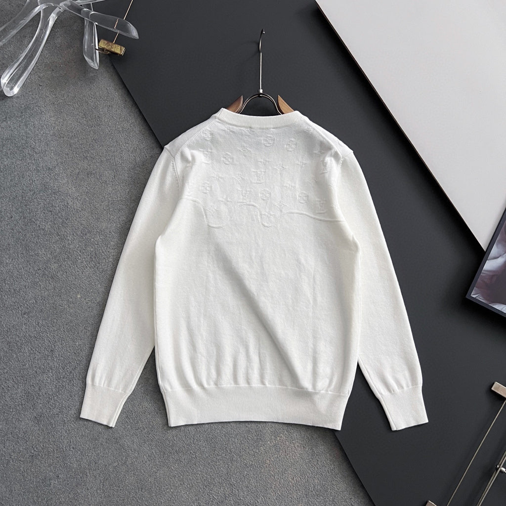 White Louis Vuitton long-sleeve crewneck sweatshirt on hanger, back view