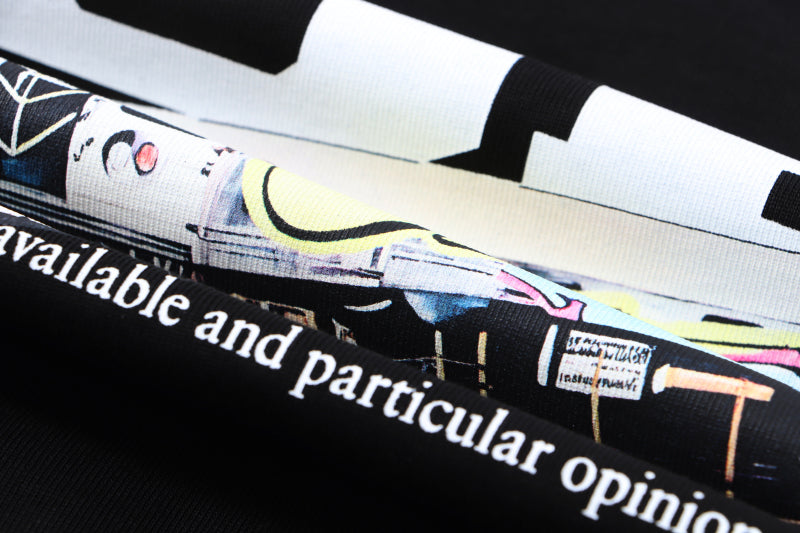 Off-White T-shirt print close-up with colorful train graphic and text