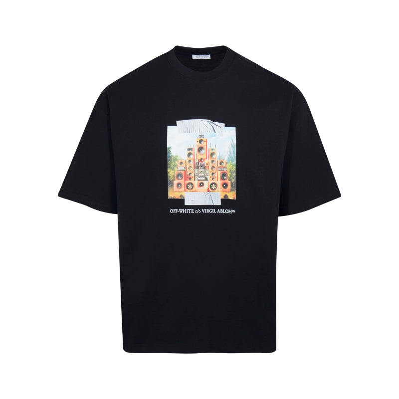 Off-White crewneck T-shirt with front speaker graphic on black fabric