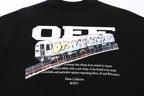 Off-White crewneck T-shirt with back graphic of train and text on black