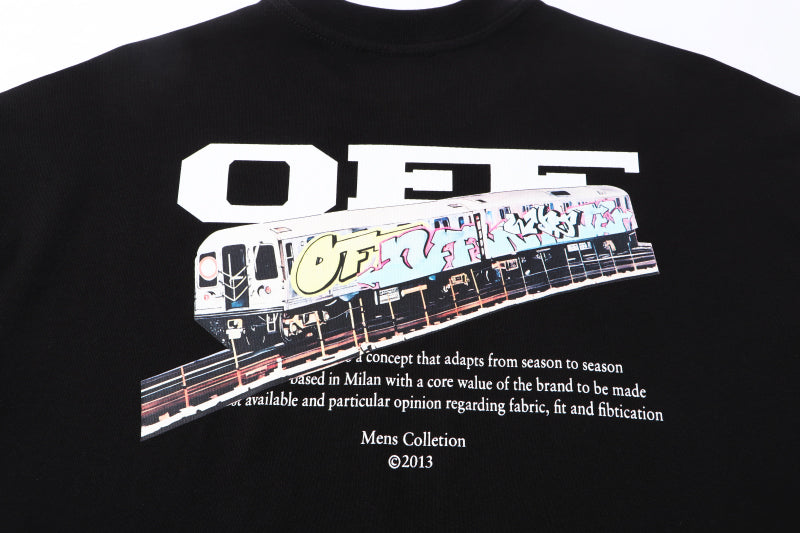 Black Off-White T-shirt with large back bus graphic and caption