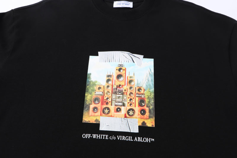 Off-White crewneck T-shirt with front speaker artwork and text on black