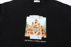 Off-White crewneck T-shirt with front speaker artwork and text on black
