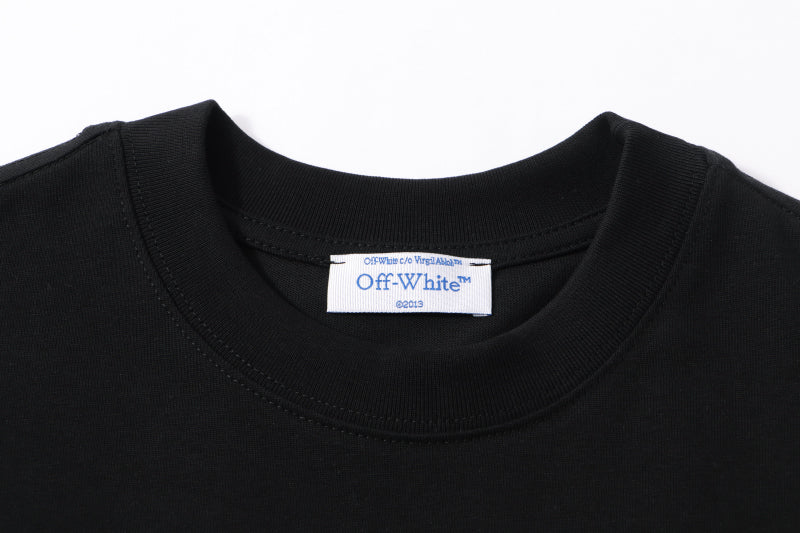 Off-White crewneck T-shirt neckline with inner label on black fabric