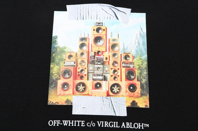 Black Off-White T-shirt with detailed front speaker collage graphic