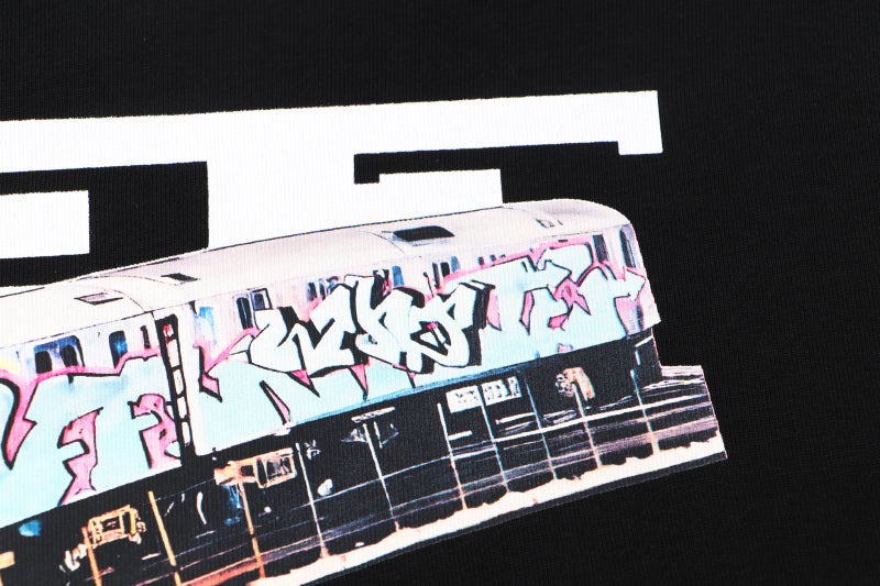 Black Off-White T-shirt close-up of back graphic illustration