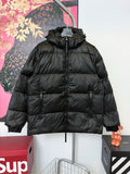 Black long puffer jacket with hood and full front zip
