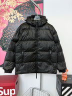 Black long puffer jacket with hood and full front zip