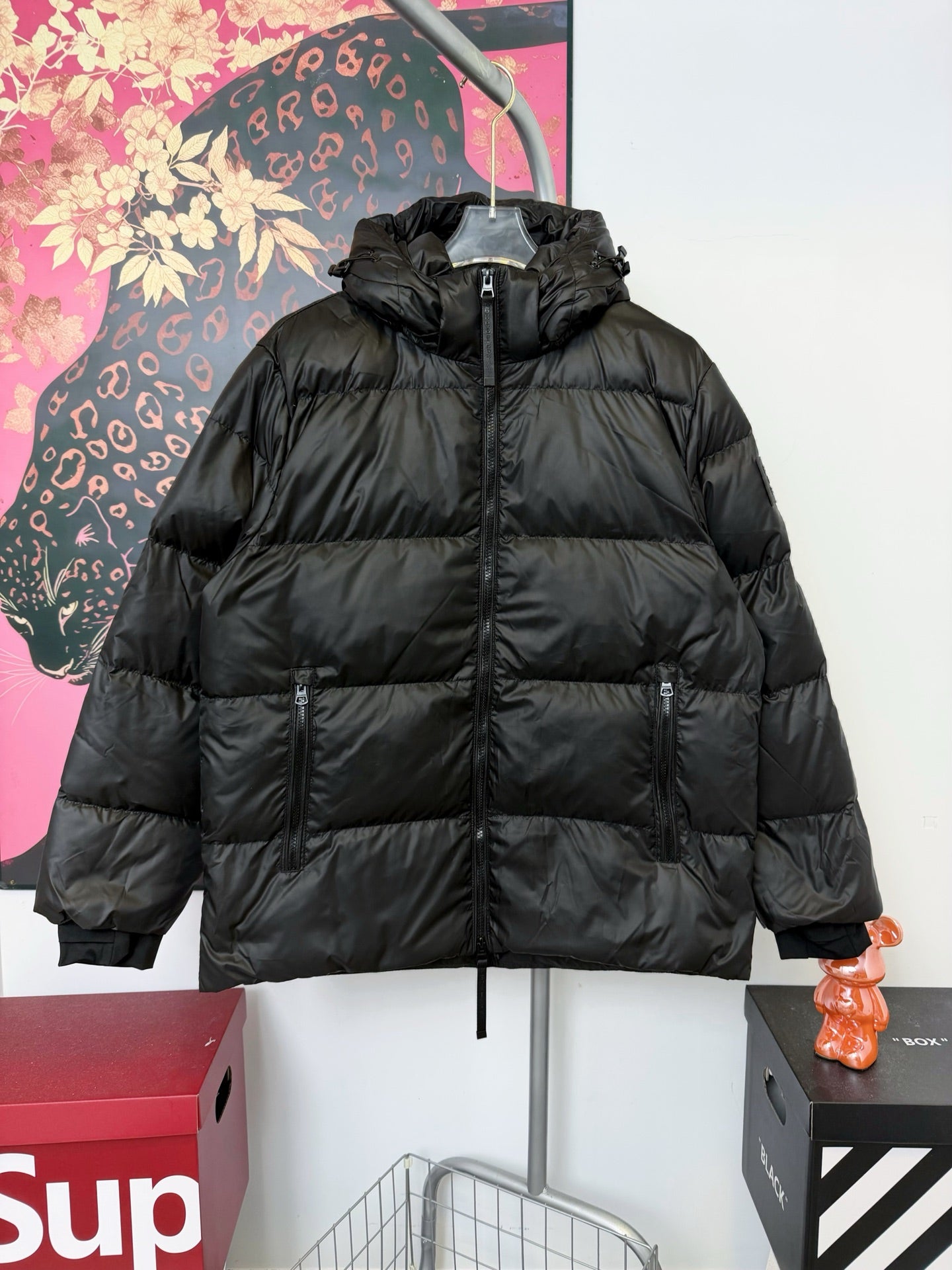 Black long puffer jacket with hood and full front zip
