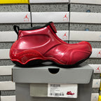 Red glossy high-top sneaker with black collar lining and side panel stitching