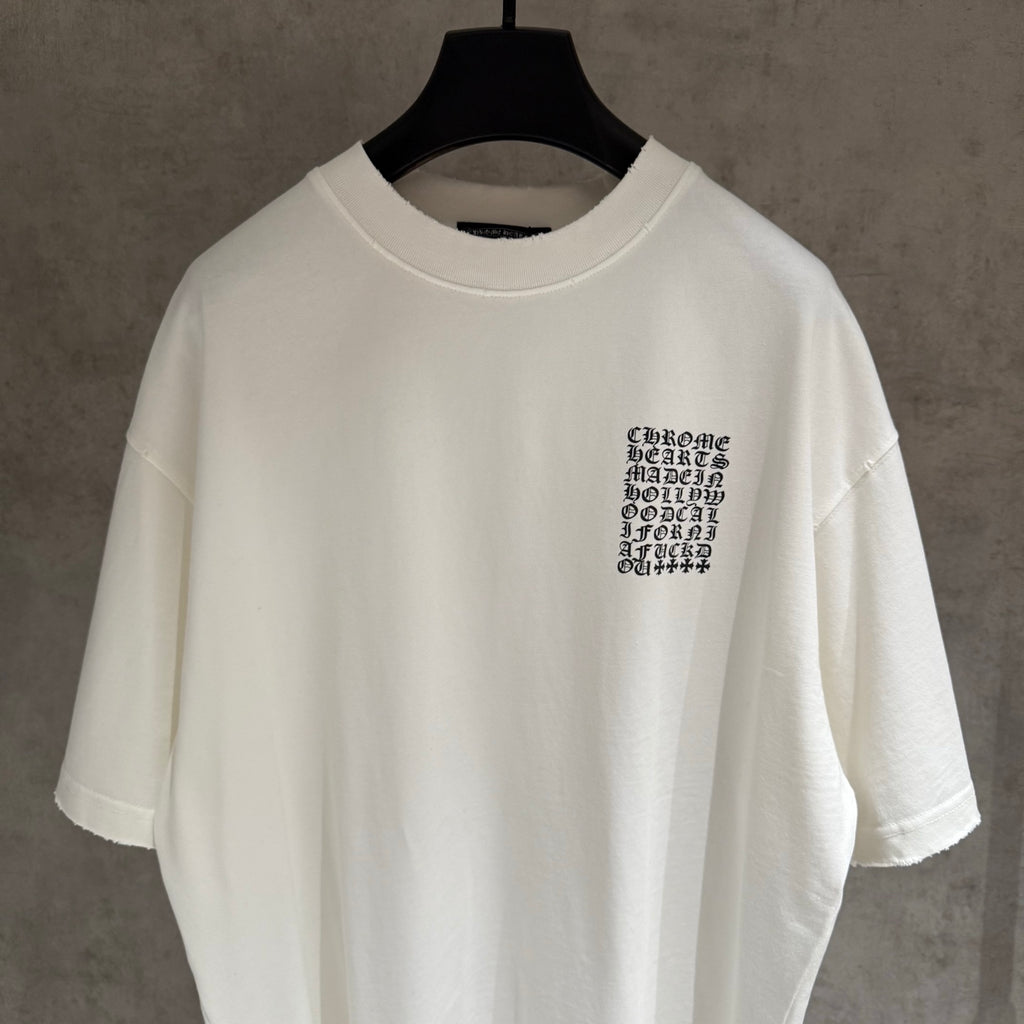 White short-sleeve T-shirt with chest typography and logo graphic