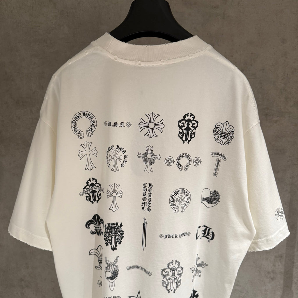 White short-sleeve T-shirt with back collage of icons and text print