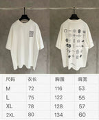 White T-shirt front and back with size chart for M to 2XL measurements