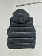 Moncler dark navy hooded puffer vest back with horizontal quilting and zipper hem