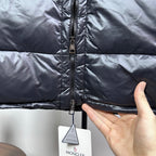 Moncler dark puffer vest front zipper and fabric quilting details