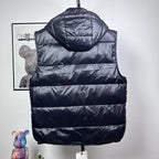 Moncler dark puffer vest back view with hood and horizontal quilted stripes