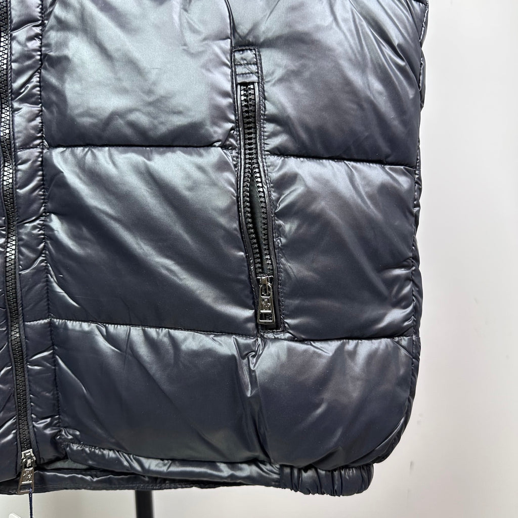 Moncler dark navy quilted puffer vest with center front zipper and pockets