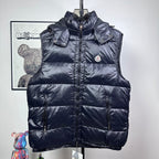 Moncler dark navy hooded puffer vest with front zipper and logo chest patch