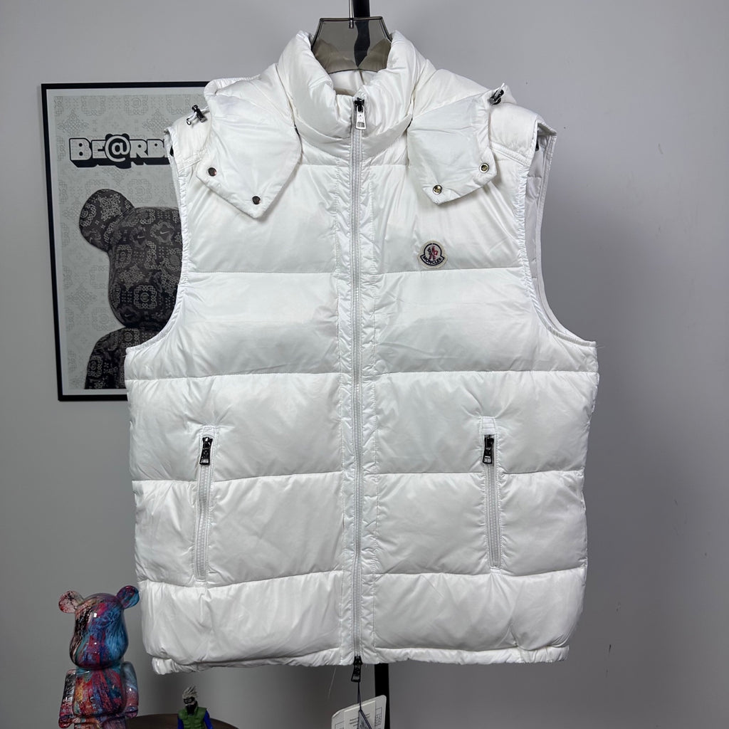 Moncler hooded puffer vest, white, front zip and flap pockets